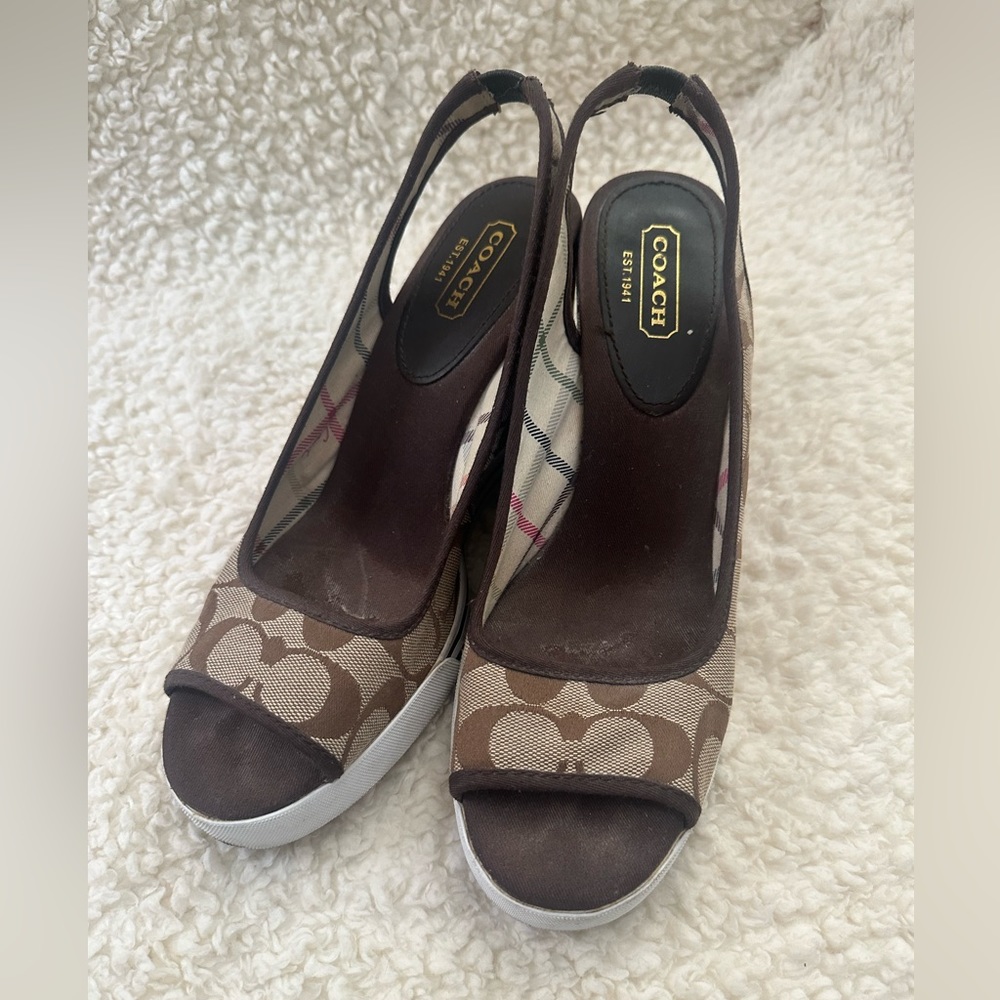 Coach monogram “Sydney” slingback wedges with rubber sole